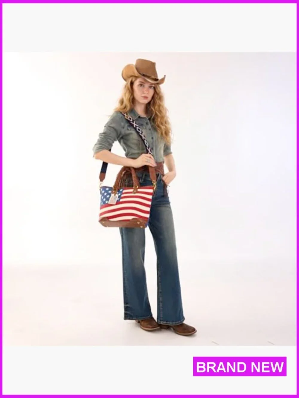 Vintage Patriotic Western Tote Bag with Braided Handles Distressed Flag Design